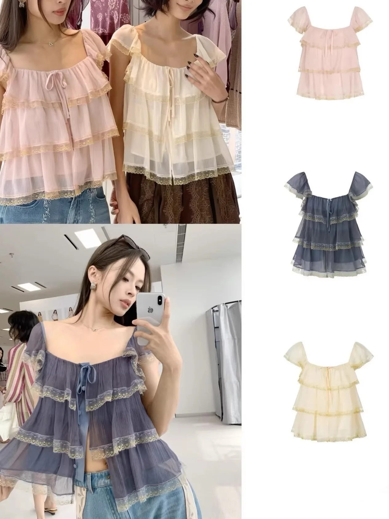

Sweet Style Shanghai Floral Lace Splice Mesh Layered Hem Tie Holiday Women's Loose Fit Short Sleeve Square Collar Blouse