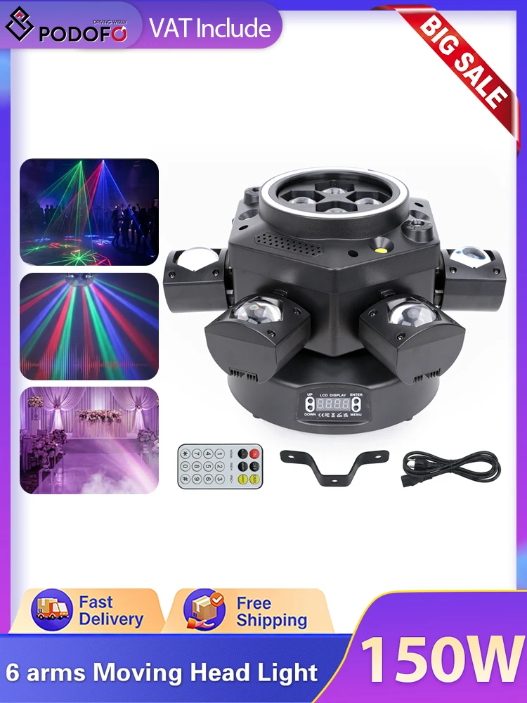 Podofo 6 Koppen 10X10W Bewegende Kop DJ Licht Beam Laser Strobe DMX512 Stage Licht Volledige Kleur LED Draaiende DJ Disco Party Club Bar - afbeelding 2