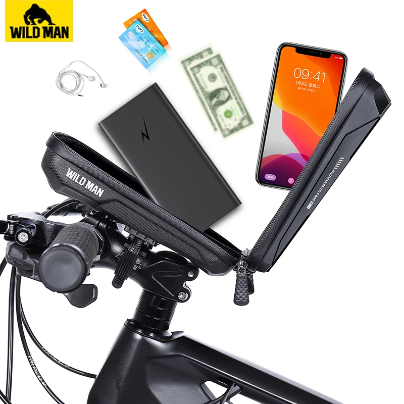 WILD MAN Waterproof Bike Front Top Tube Bag Cycling Handlebar Bag Touch Screen Bicycle Frame Bag 6.7 Inch Mobile Phone Case