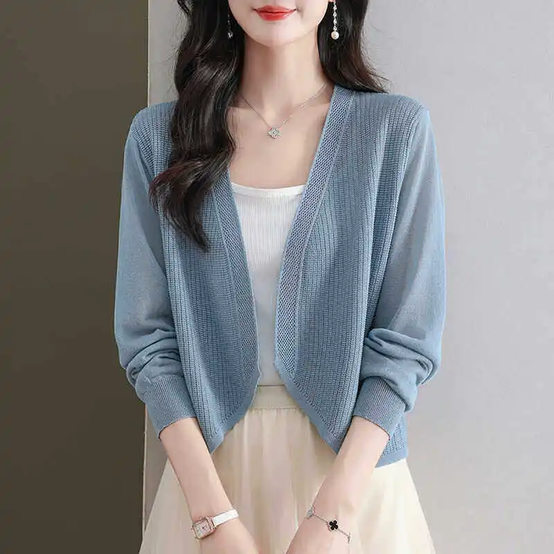 

Knitted Sweater Women Cardigans New V-Neck White Knit Sweater Cardigan Women Tops Long Sleeve Sunscreen Knitwears Sweaters Q3621