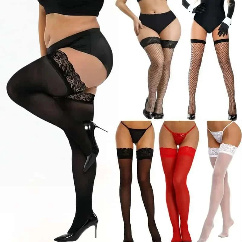 

Elastic Plus Size XXXL Lace Stockings for Oversized Women Sexy Thigh High Sock Transparent Fishnet Over Knee Long Socks Stocking