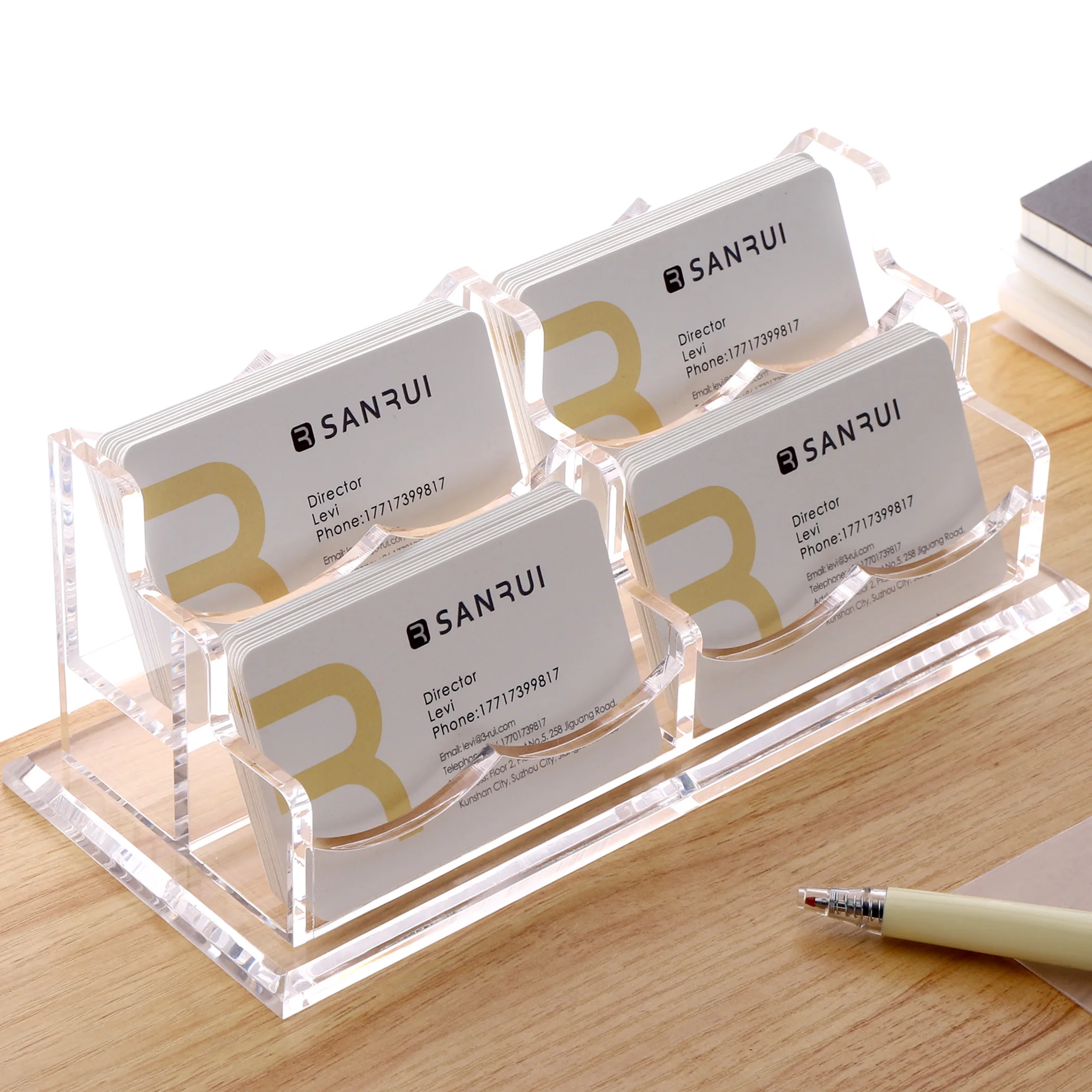 SANRUI Acrylic Clear Business Card Holder for Desk Display Stand Desktop Organizer Rack 2 Tier 4 Pocket