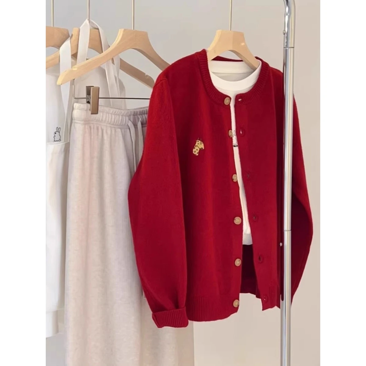 

Autumn Winter Large Size Men's Red Versatile Small Fraance Sle Knitted Sweater Couple's Open Cardigan Outerwear