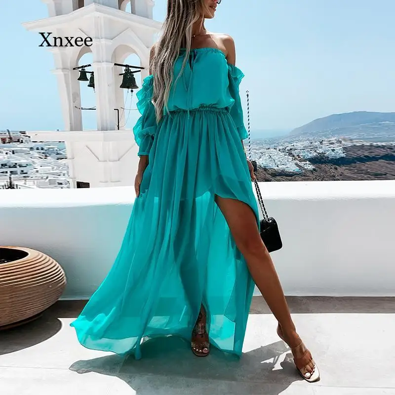 

Summer Fashion Ladies Slash Neck Slash and Floor Length Ruffle Maxi Dress Lace Up Casual Beach Solid Style Dress