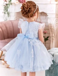 Blue Puffy Lace Flower Girl Dress For Wedding Knee Length Tulle Pearls First Communion Kids Birthday Party Dress Ball Gowns