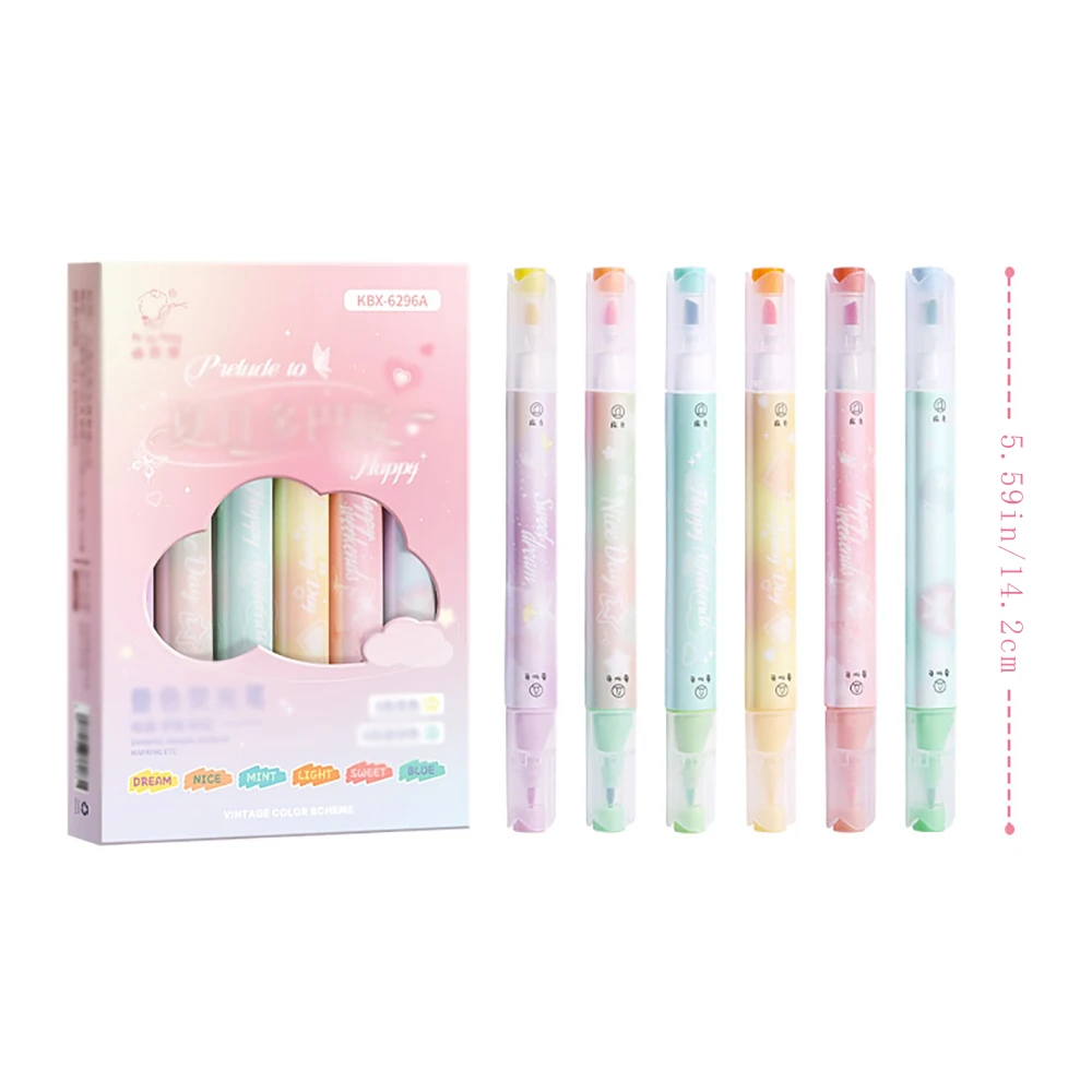 6 قطع من أقلام الفلورسنت ذات الرأس المزدوج مع ألوان متداخلة، تستخدم الطلاب سعة كبيرة لعلامة النقاط الرئيسية بقلم محمول #6