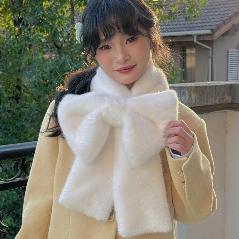 

Autumn Winter Girls Plush Big Bow Scarf Ins Girls Korean Hairy Scarf Cute Sweet Solid Colour Cold Protection Warm Scarf New