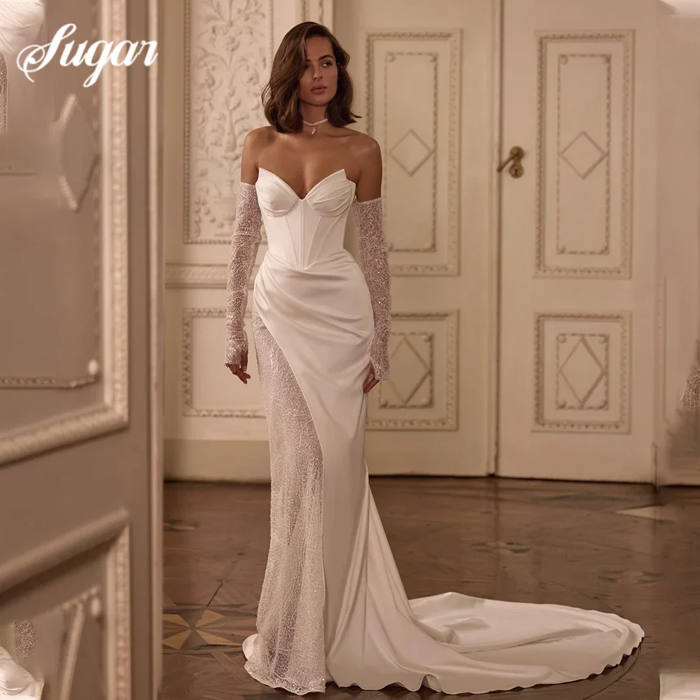 

Сексуальные свадебные платья русалки с v-образным вырезом и аппликацией из бисера, съемные длинные рукава, открытая спина, скользящий шлейф, индивидуальный заказ для женщин