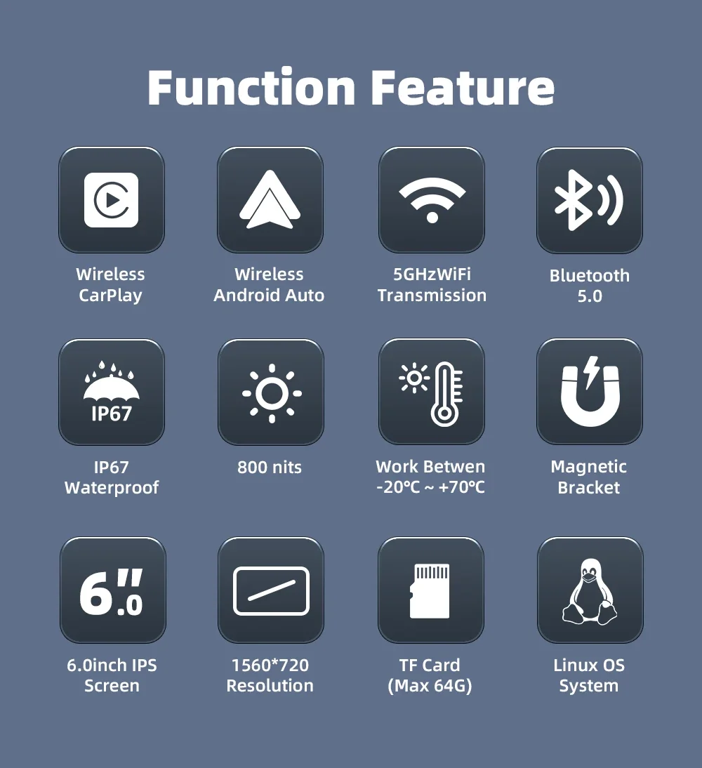 2025년형 오토바이 GPS (6인치 IPS 화면, 무선 CarPlay / Android Auto, BT 5.0, IP67 방수, 5GHz WiFi, 마그네틱 마운트)