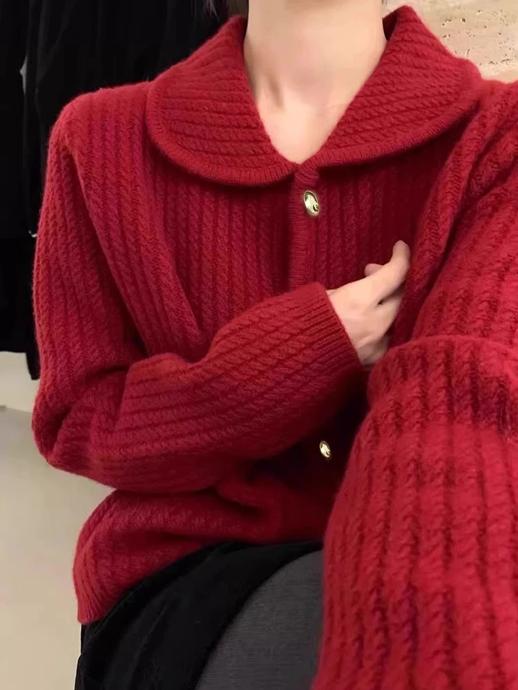 

Cisas Красный вязаный свитер с отложным воротником и пуговицами Верхняя одежда Осень Зима Винтаж Ленивый шерстяной удобный длинный свеч...
