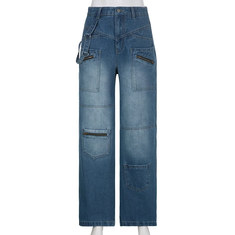 Jeans de travail multi-poches à fermeture éclair pour fille, pantalon à jambe droite, taille haute, coupe ample, style de rue, industrie lourde, épicé