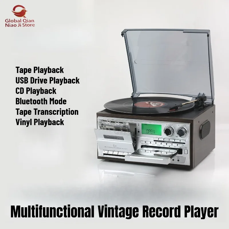 Classic Multifunctional Vintage Vinyl Record Player, Bluetooth Speaker with High‑Fidelity HIFI Sound Quality, Tape Recorder