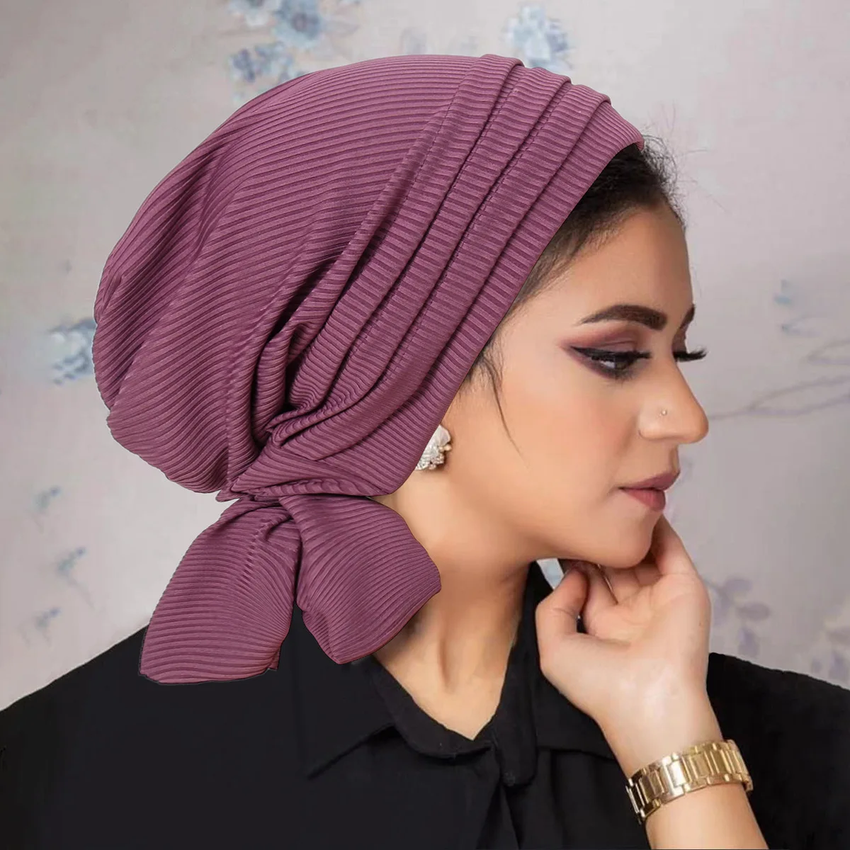 Topi Turban trendi untuk wanita, topi ekor panjang trendi bahan Muslim warna polos, topi pembungkus kepala elastis bersirkulasi untuk gadis dan wanita