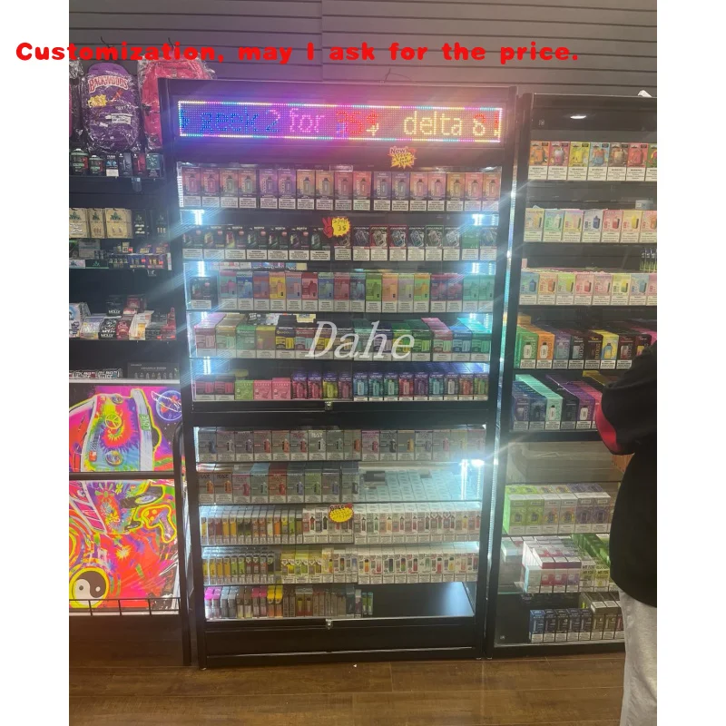 

custom.Smoke Shop Decor Led Scrolling Screen Glass Display Showcase with Lights Retail Store Aluminum Glass Cabinet