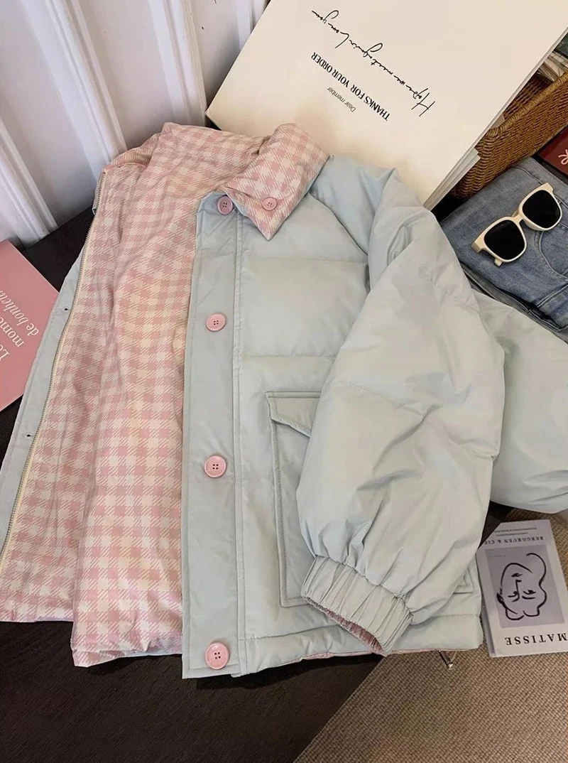 Chic Reversible Women Padded Jacket Contrast Plaid Coat Button Down Quilted Pink Buttons Winter Warm Preppy Retro Parkas