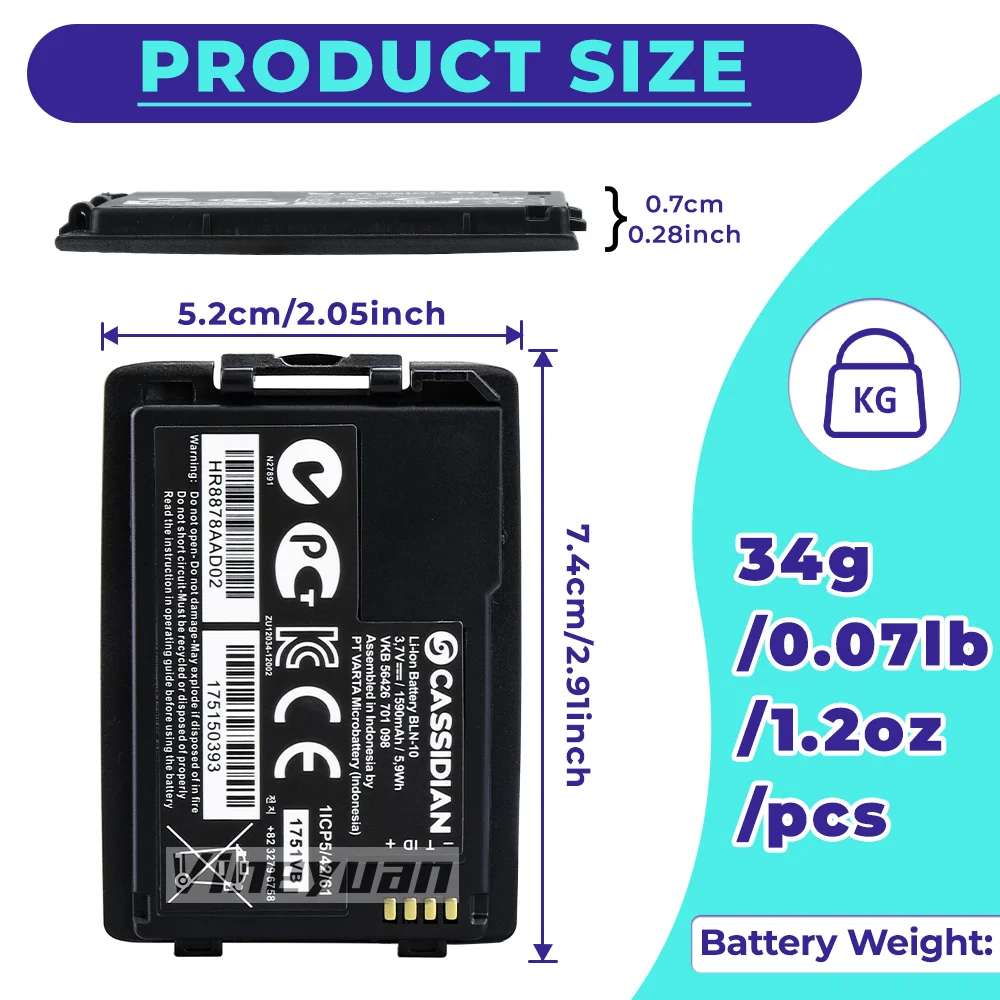 100 قطعة BLN-10 3.7 فولت 1590 مللي أمبير 5.9Wh بطارية ليثيوم أيون ل EADS ايرباص كاسيديان TH1N راديو تترا يناسب البطارية الجزء رقم. BLN-11