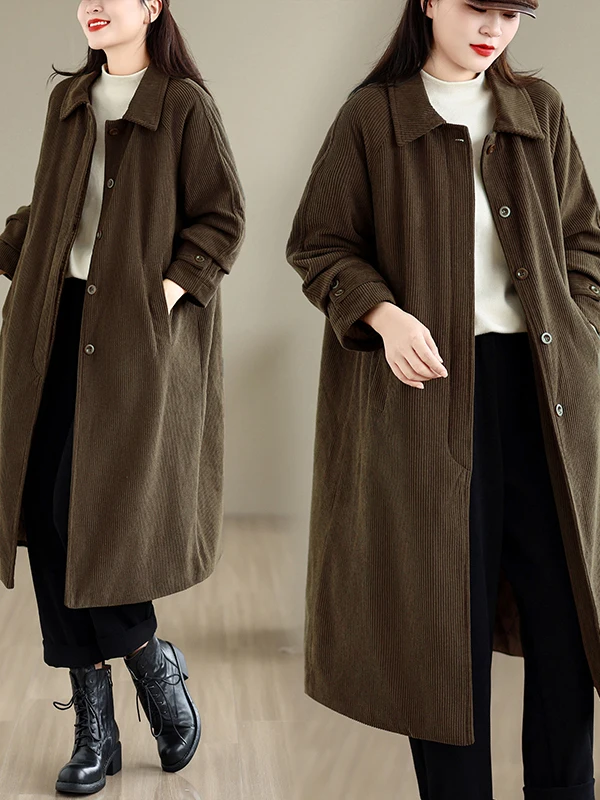 Ladies' Mid-Length Cotton-Padded Corduroy Jacket Autumn Winter New Style Warm Loose Fit Korean Casual Style Single Button