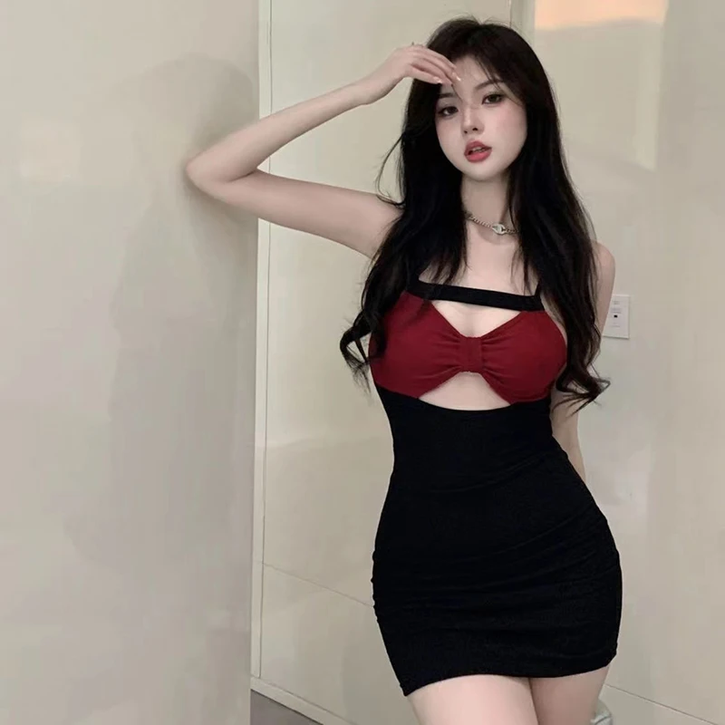 

Korean Sweet Girls Slim Wrapped Hip Color-block Sexy Short Dress for Women