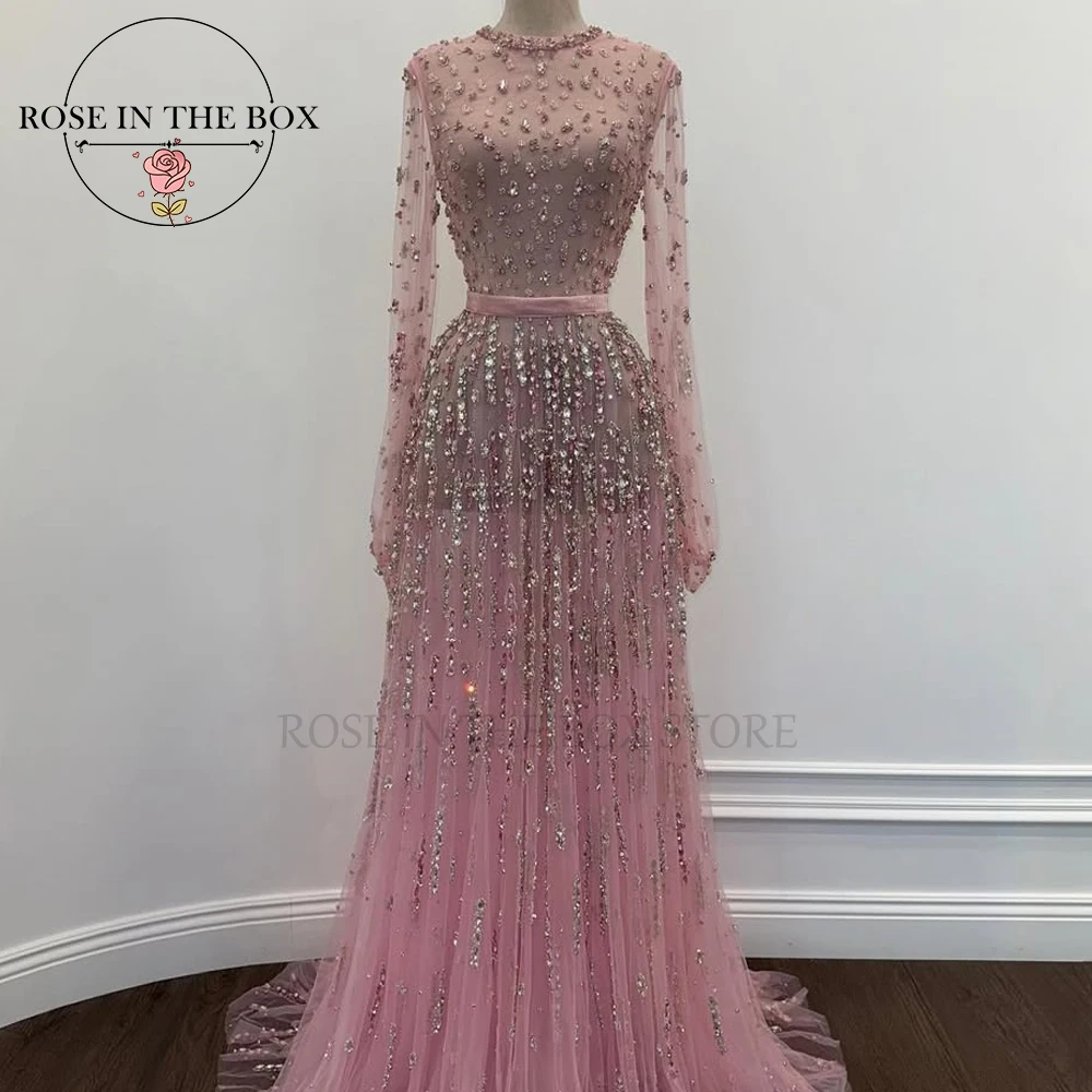 

ROSEINTHEBOX Customized Gorgeous Pink Sequined Crystals Tulle Evening Gown with Long Sleeves and Elegant Train Evening Dresses