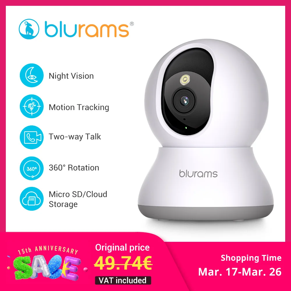 Blurams 2.4＆5G WiFi Indoor Camera, 2K, 360° PTZ Pet Dog IP CCTV Camera with Phone App, 2-Way Talk, Night Vision, for Home Securi