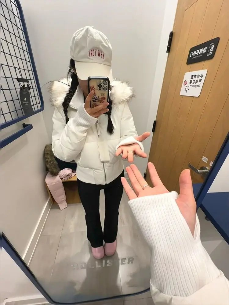 women winter new Korean style thickened and warm short waisted cotton Gentle wind pink fur collar hooded cotton coat for