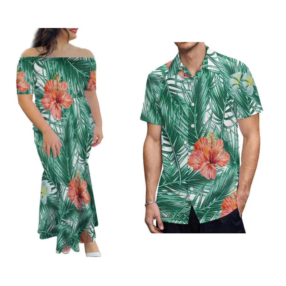 ساموا جزيرة هاواي الأزهار طباعة زهرة الكركديه تصميم المرأة فستان قميص رجالي عالية الجودة البولينيزية زوجين مجموعة 2025