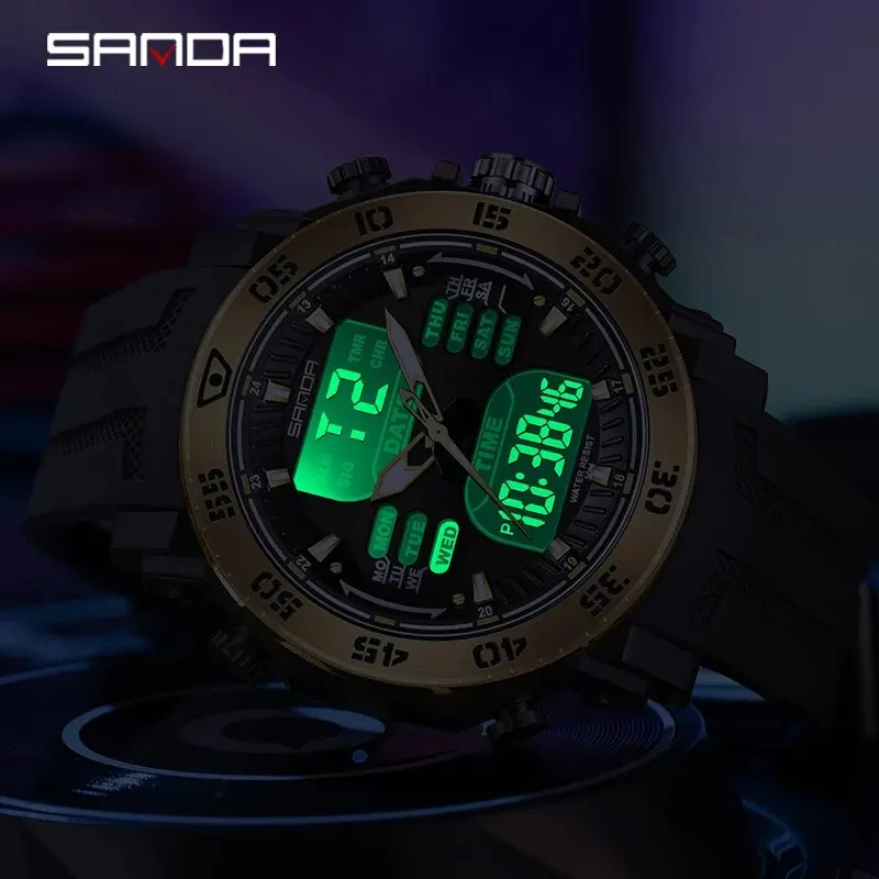 SANDA Military Dual Display Watch Outdoor Sport Large Dial 50M Waterproof Quartz Watch Multifunction LED Digital Watches For Men