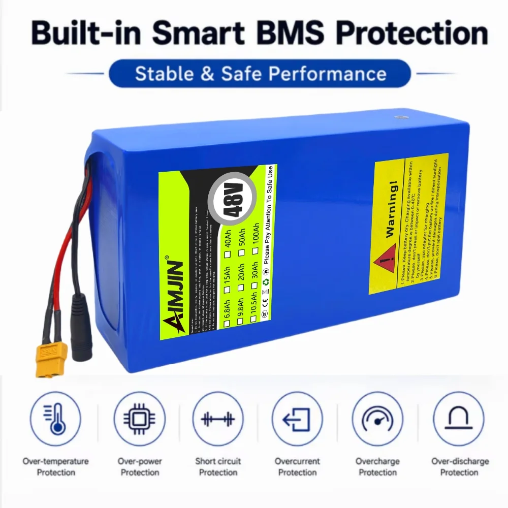 48V Electric Scooter Battery 13S6P 30Ah 18650 Grade-A Cells 2000W Built-in BMS XT60 JST High Capacity Long Range Safe & Durable