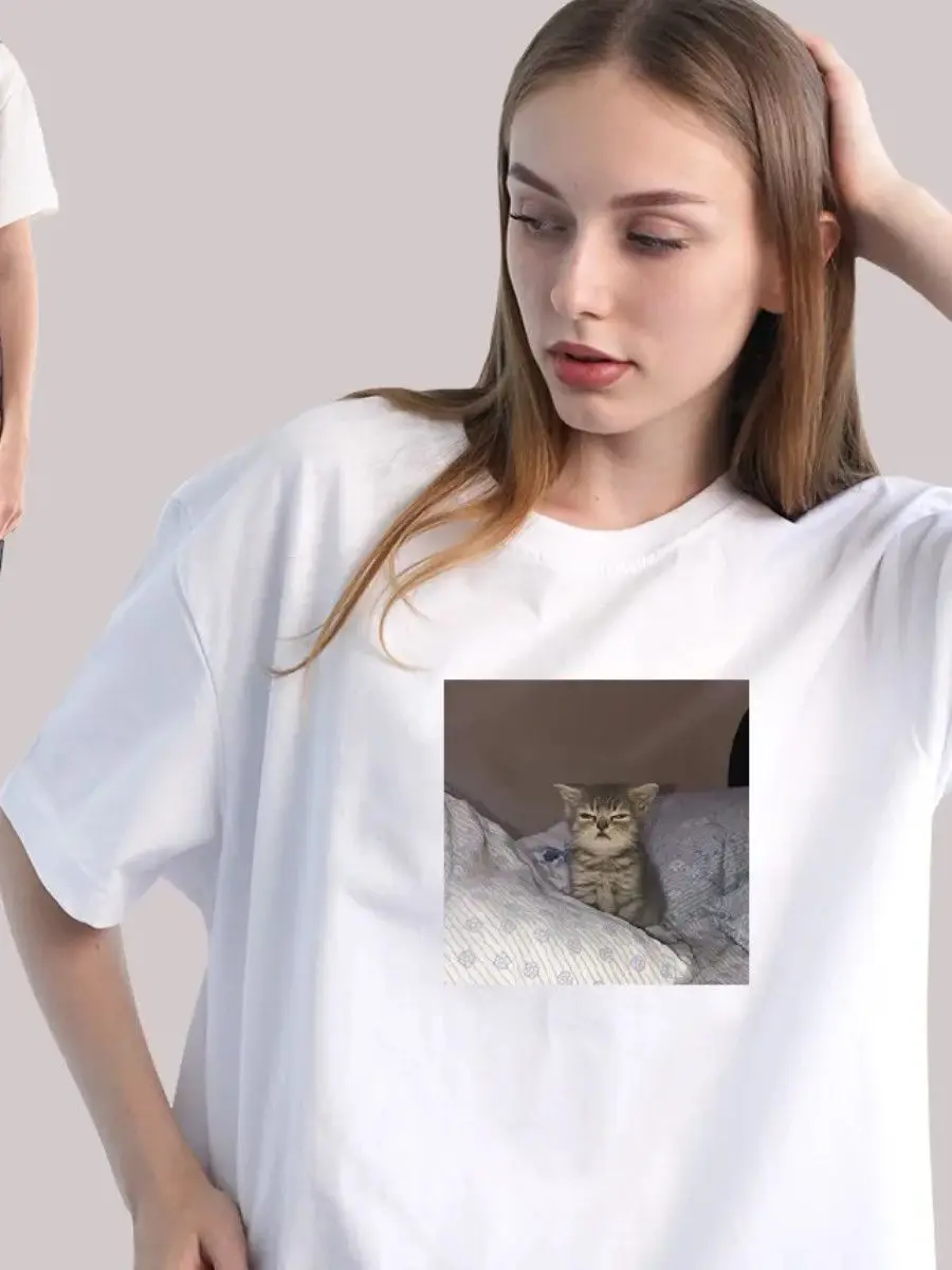 Grumpy Kitten Photo Print Oversized T-Shirt | White Cotton Cat Lover Casual Tee sweet funny graphic tops summer streetwear women