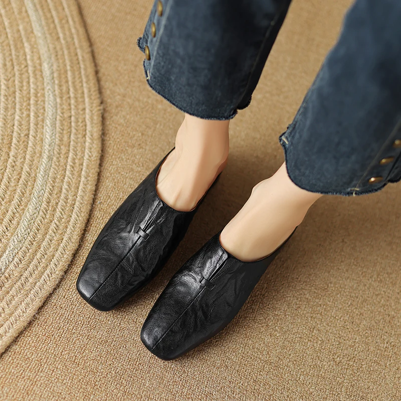 2023 Office Lady Casual Women Pumps Mules Square Toe Thick Heels Slippers Genuine Leather Sandals Shoes Woman Concise Fashion