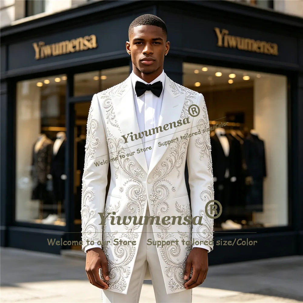 Glittering Red Long Suit For Men Crystals Beading Sequin Prom Blazer Pants 2 Pieces Groom Wear Wedding Tuxedo Customized Clothes