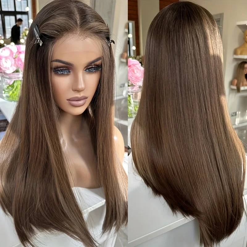 Heat-Resistant 24-Inch Long Straight Hair Synthetic Lace Front Wig for - Brown 13x4 Lace Front Glue-Free Wig, 180% Density