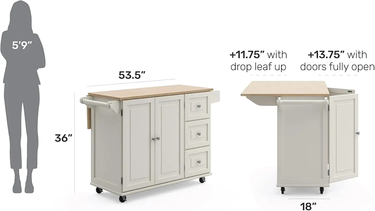 Mobile Kitchen Island Cart With Wood Drop Leaf Breakfast Bar, Off White,Soft White, 54 Inch Width