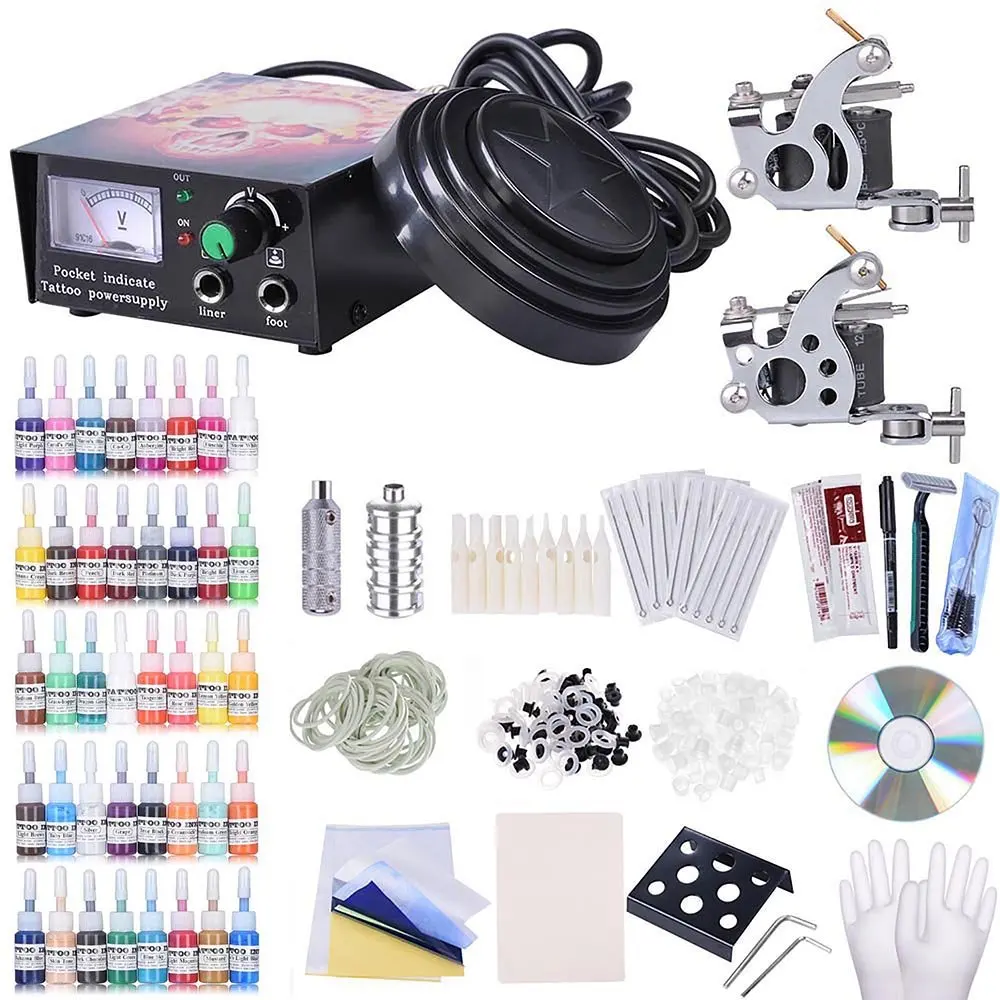 

Professional Complete Tattoo Kit With Disposal Supplies 2 Hine Guns Set 40 Ink Gun Power Supply G Tip Foot Switch Set