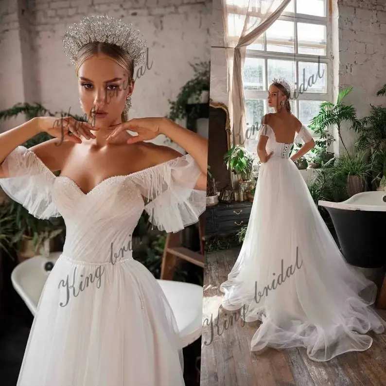 Beaded Bridal Gown Custom Wedding Dress Crystal Embroidered Wedding Gown A-line Tulle Off the Shoulders Wedding Dresses