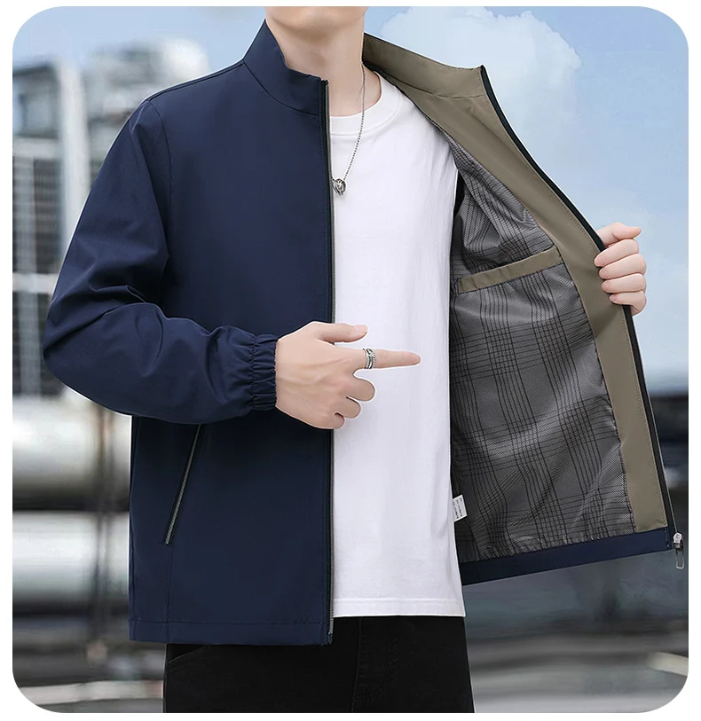 New Men's Business Jacket Casual Fashion Solid Color Internal Pocket Design Stand up Collar Windproof Coat Simple Men's Clothing