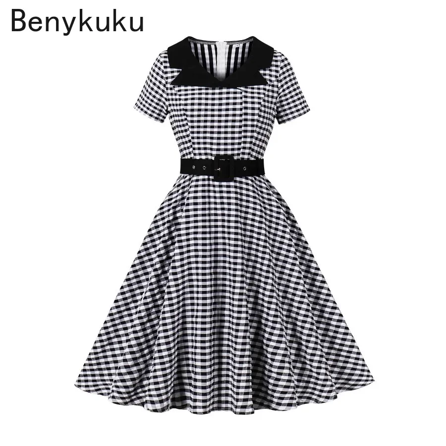 

1950s 60s Hepburn Plaid Vintage Belted Dress Short Sleeve Party Dresses Elegant Summer Women Rockabilly Swing Ladies Clothes