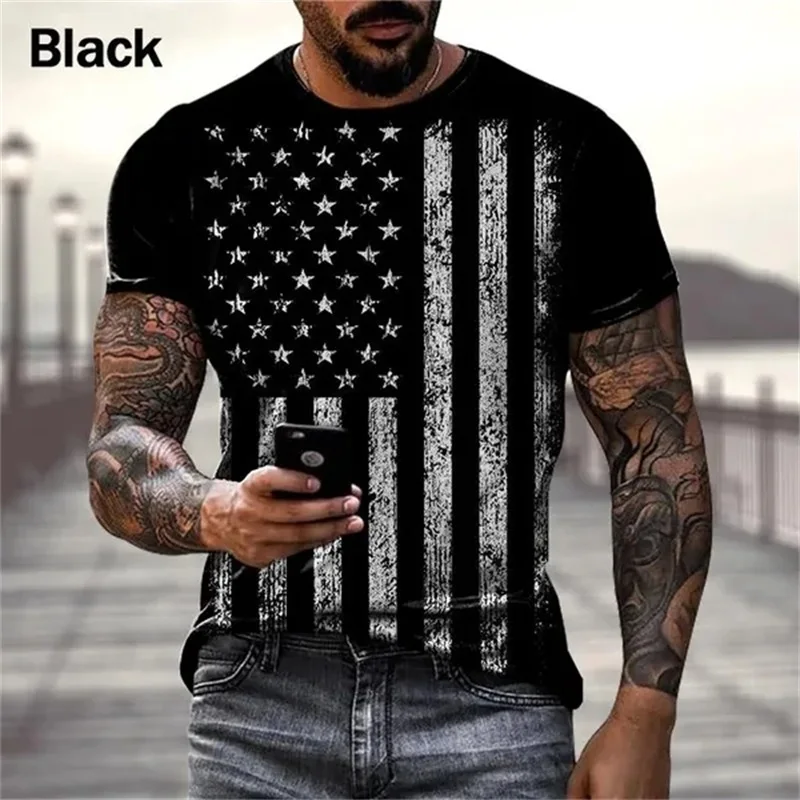 T-shirt gráfico dos homens impressos em 3D da bandeira dos EUA, manga curta, camisetas extragrandes, hipster personalizado, streetwear retro