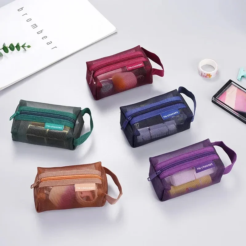 Mesh Solid Colour Key Lipstick Coin Purse Earphone Organizer Card Bag Simple Three-dimensional Square Nylon Mesh Money Bag Pouch