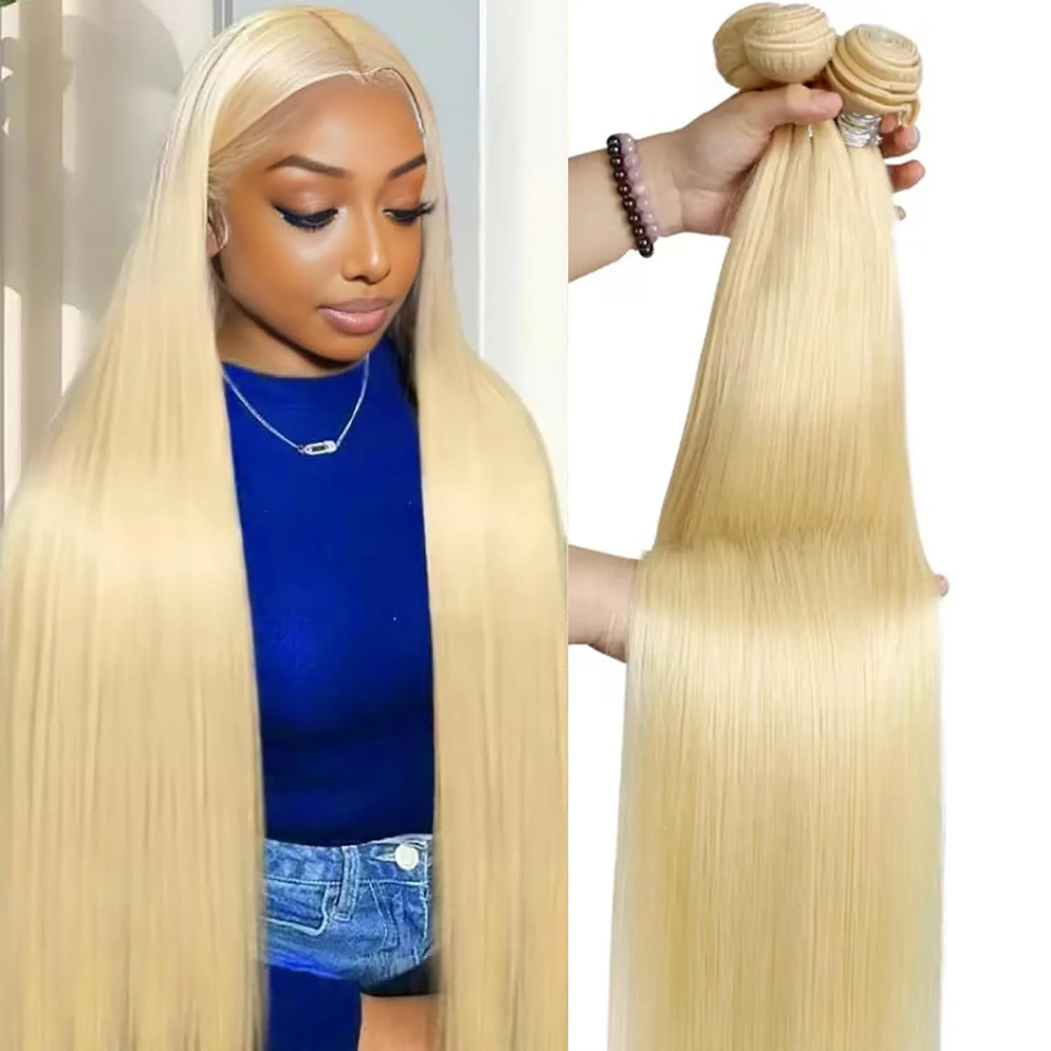Straight 613 Blonde Color 1/3/4 Brazilian Hair Bundles Straight Remy Human Hair Weft  Brazilian Remy Human Hair Extension Raw Hair Weave Weft 34 36 38 40 Inch Bundles