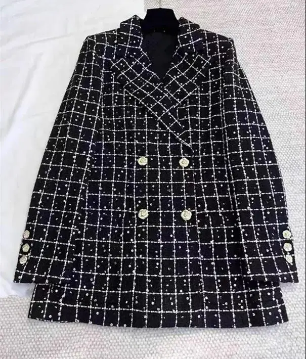 Europe and the United States women's 2024 summer new Long sleeve suit collar Double-breasted plaid gold buttons tweed jacket