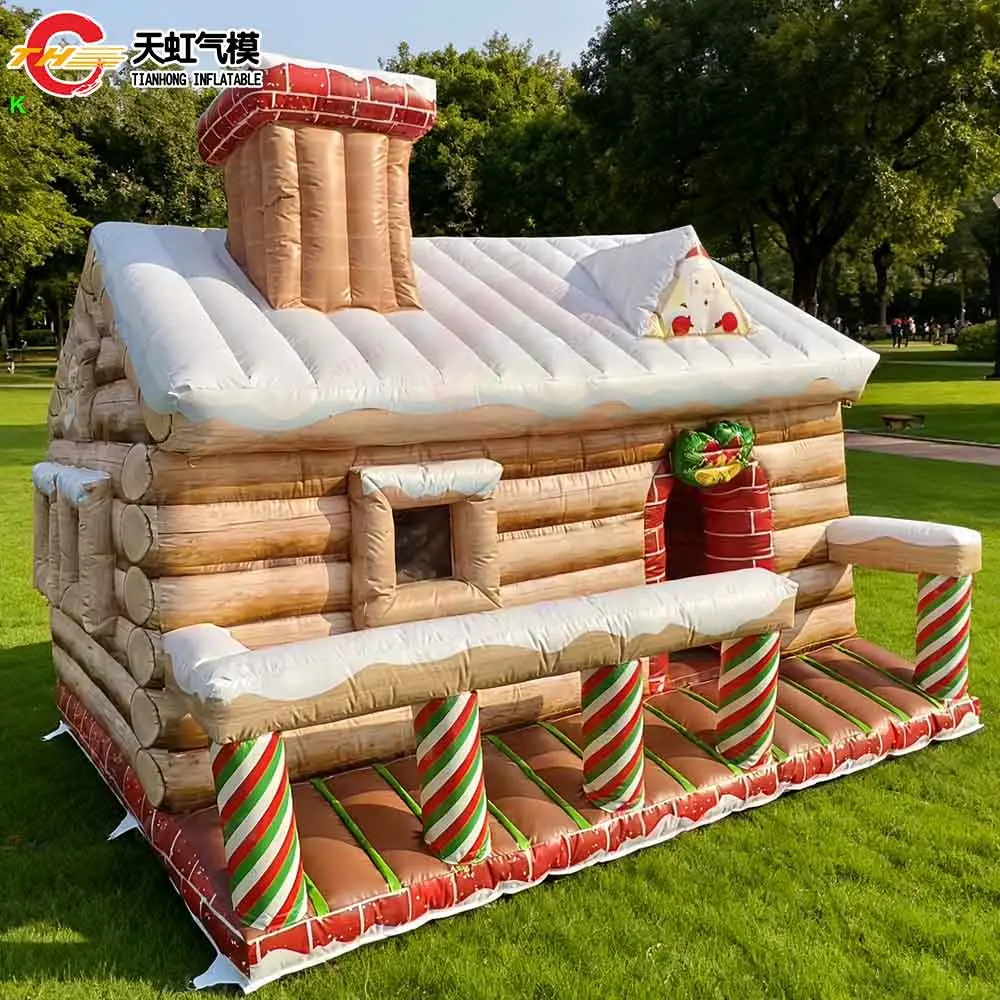 Maison de noël gonflable avec cabine en rondins, 5x4x3.5mH, avec clôture, grotte du père noël avec cour avant, livraison rapide