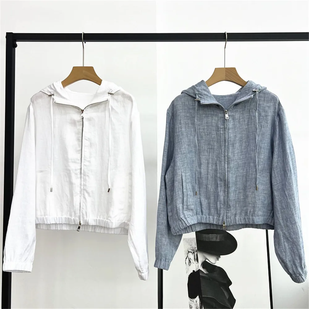 

25 Early Autumn New Women's Cardigan Hooded Drawstring Zipper Pocket Loose Solid Color Casual Linen Thin Jacket