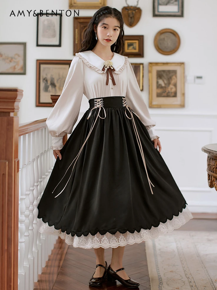 Spring Autumn New Elegant Retro Peter Pan Collar Lantern Sleeve Shirt Cross Tied High Waist Mid-Length Skirt Two-Piece Set Women