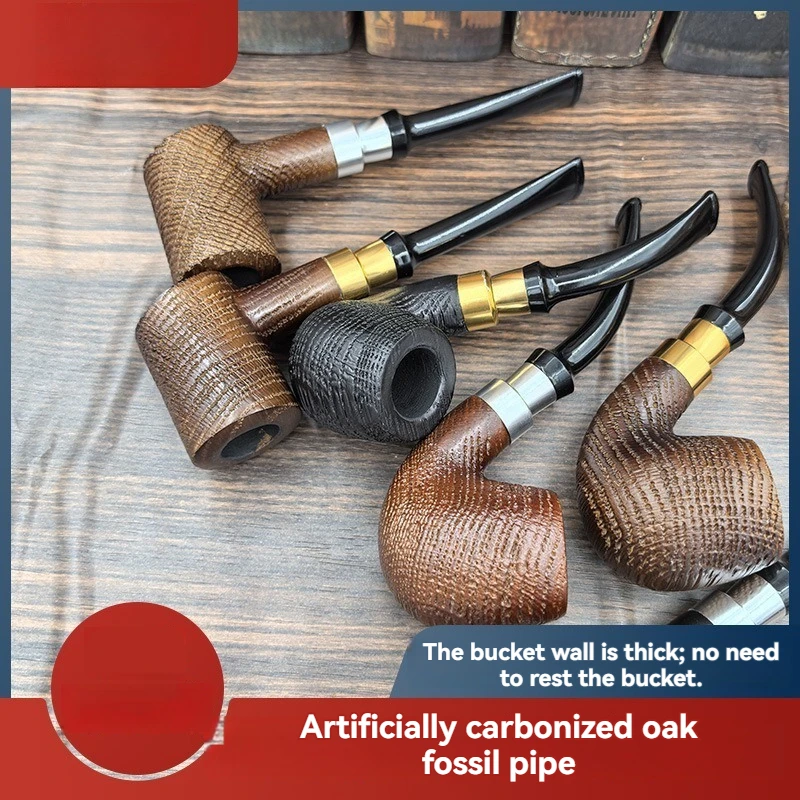 

Carbonized Oak Tobacco Pipe - 9mm Filter, Metal Rim Decor, Solid Wood, Gentlemen's Smoking Gift Set with Free Accessories