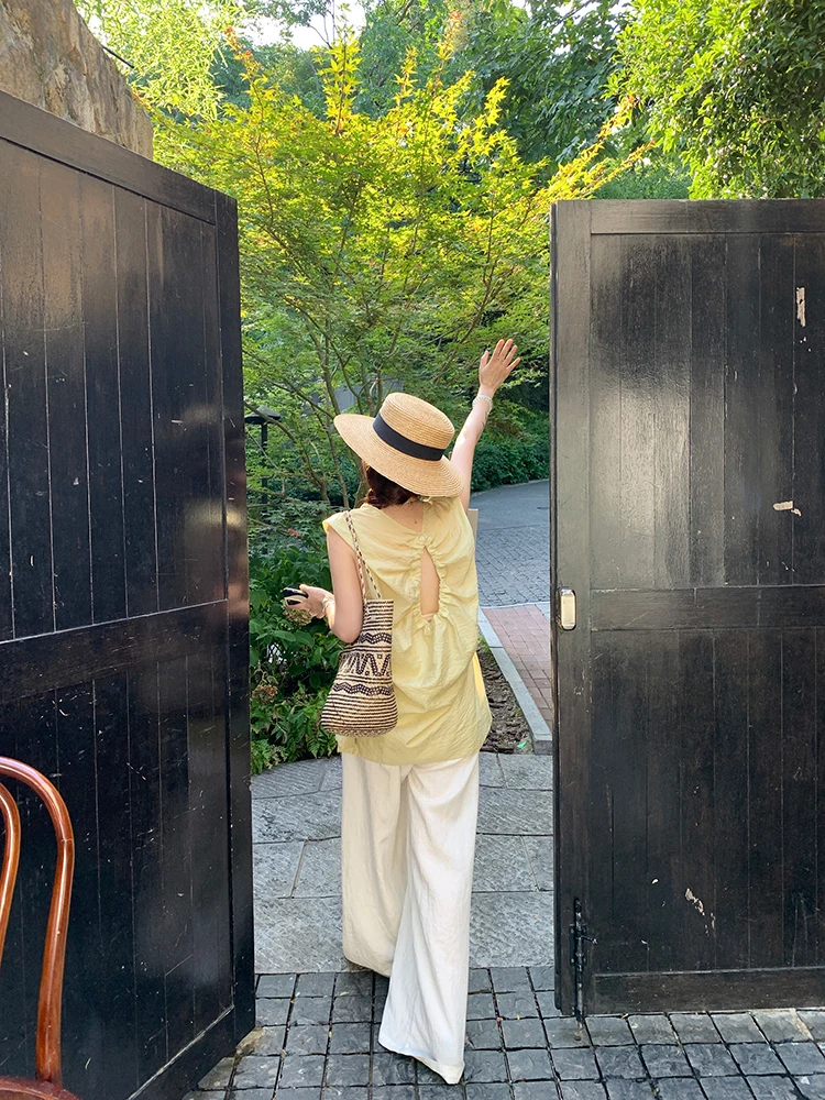 

Летние тонкие широкие брюки EVNSLE, черно-белые, Melody Bal Svel, топ-майка, блузка-бэбидолл, повседневная одежда для города