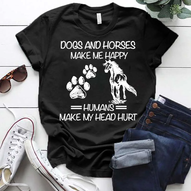 Cute Dogs And Horses Make Me Happy Dog Paw T-shirts For Women Summer Lovely Short Sleeve Casual T-shirts Funny Ladies Round Neck