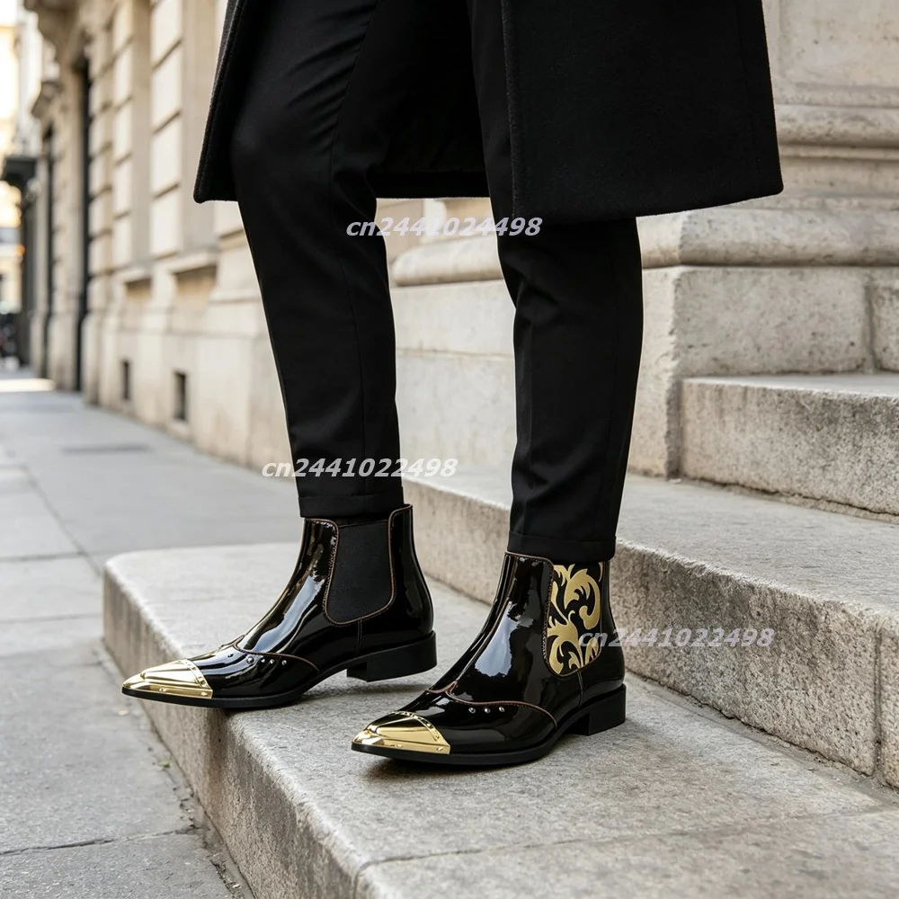 Men's Pointed Toe Golden Metal Toe Chelsea Ankle Boots Baroque Floral Pattern Elastic Side Panels Large Size Retro Ankle Boots