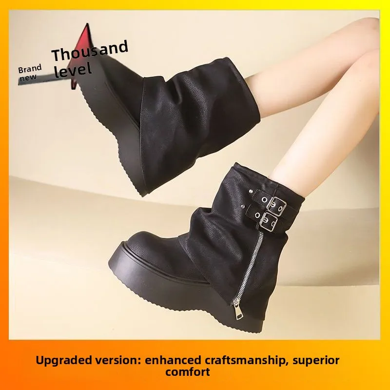 Autumn New High Platform Wedge British Booties Thick Sole Women Platform Shoes Ladies Motorcycle Boot Mid Calf Boots Botas Mujer