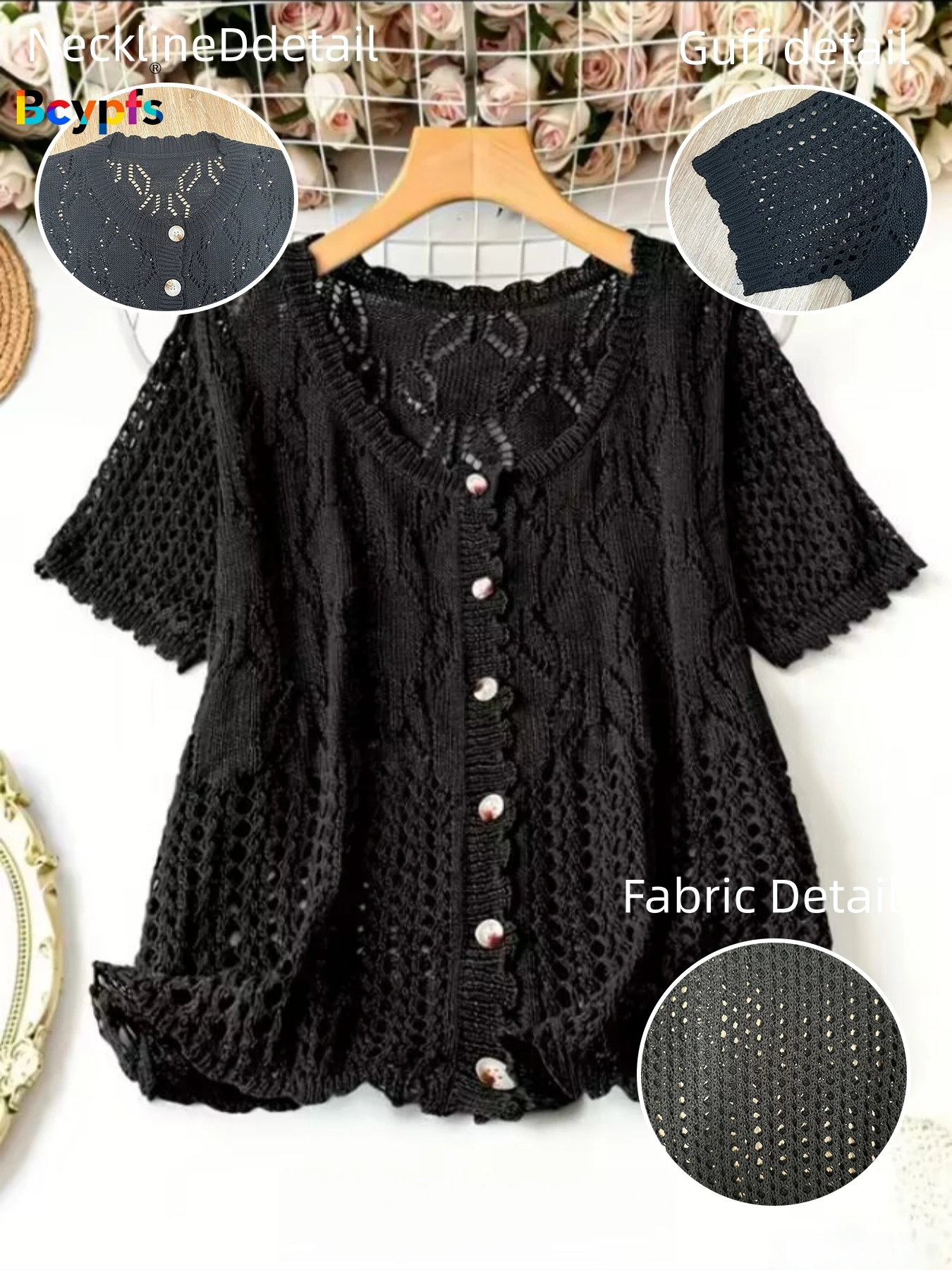 여성용 봄 니트 오픈워크 스웨터, 섬세한 단추와 짧은 소매. 새로운 여름 니트웨어, 캐주얼 스트리트웨어.